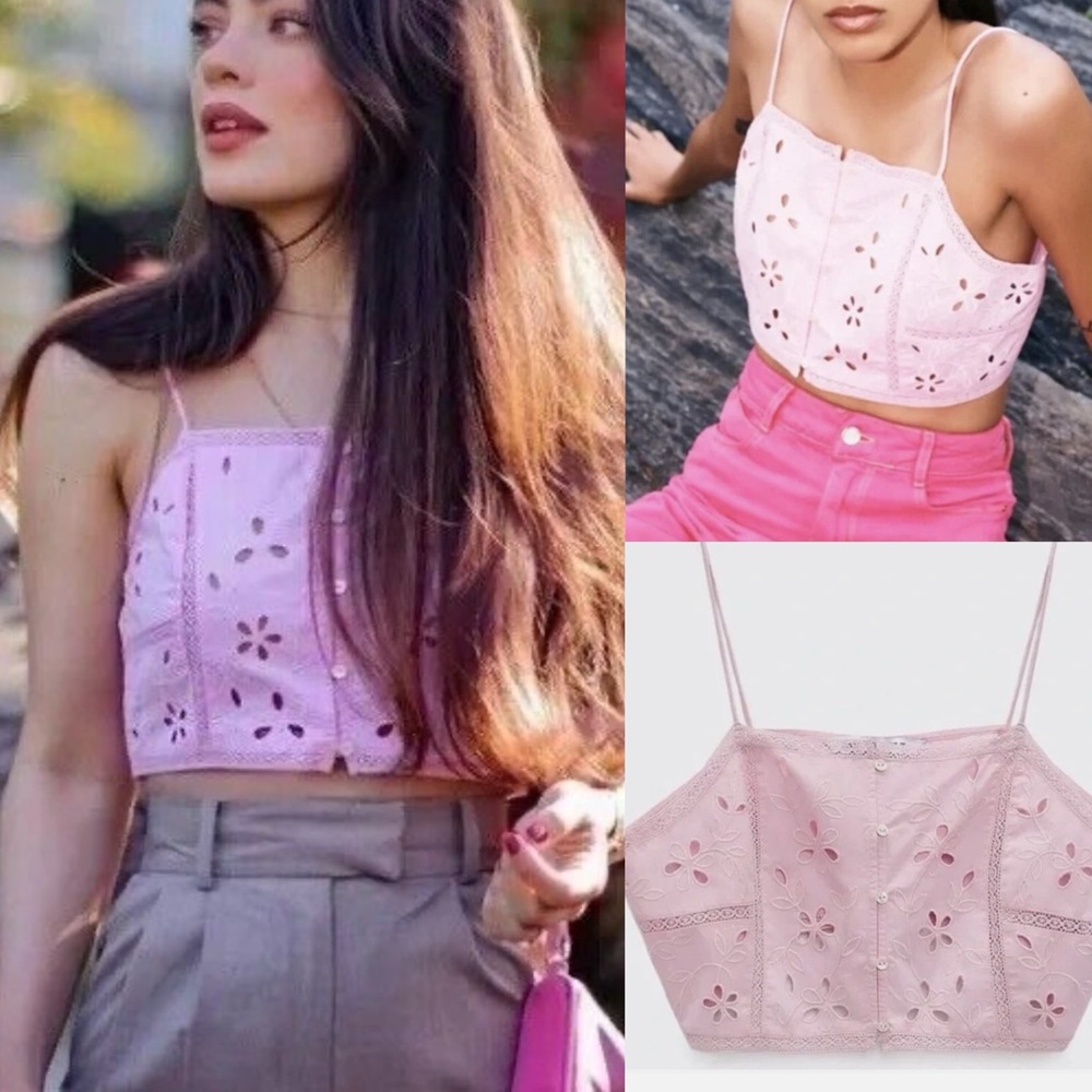 NWT Zara Pink Eyelet Crop cropped Top button front blogger fave m cut out